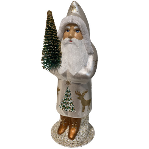 11” Paper Mache Silver Santa with Gold Reindeer Detail Christmas Candy Container - IMAGE 1
