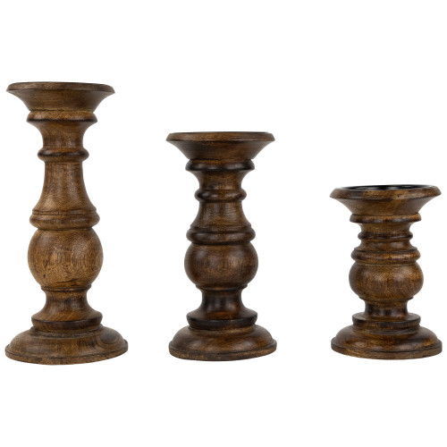 Set of 3 Walnut Brown Natural Wooden Pillar Candle Holders 10" - IMAGE 1