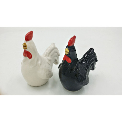 Set of 2 White and Black Unique Rooster Design Salt and Pepper Shakers, 5.5" - IMAGE 1
