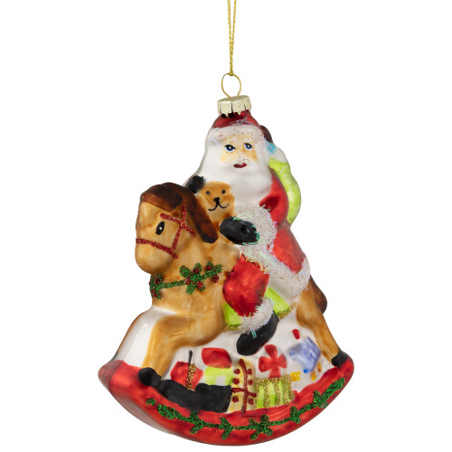 Santa on a Rocking Horse Glittered Glass Christmas Ornament - 4.75"  - Red - IMAGE 1