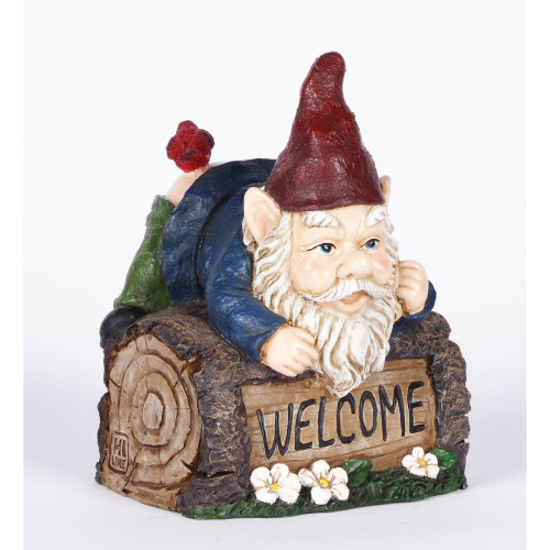 7.5" Red and Blue Welcome Sign Gnome Crawling Over the Tree Trunk - IMAGE 1