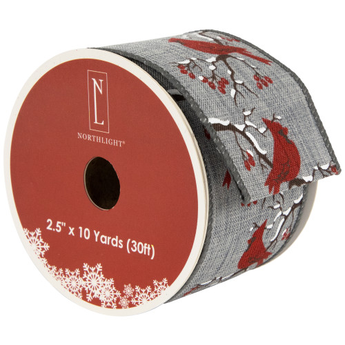 Gray and Red Cardinal Wired Craft Christmas Ribbon 2.5" x 10 Yards - IMAGE 1
