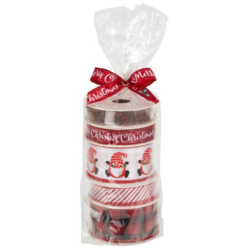 Set of 5 Santa Gnome Matching Themed Craft Christmas Ribbons 1.5" x 3 Yards - IMAGE 1