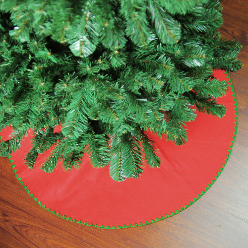 26-Inch Red with Green Shell Stitching Mini Christmas Tree Skirt With a Hook and Latch Closure - IMAGE 1