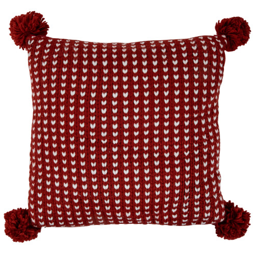 18" Red and White Knitted Square Throw Pillow with PomPoms - IMAGE 1