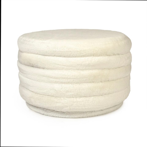 20.5" White Upholstered Cylindrical Ottoman with Ribbed Sides - IMAGE 1