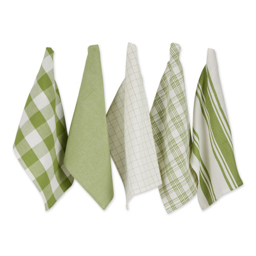 Set of 5 Assorted Antique Green and White Everyday Dish Towel, 28" - IMAGE 1