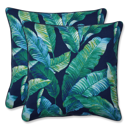 Leaves Outdoor Patio Square Throw Pillows - 16.5" - Blue and Green - Set of 2 - IMAGE 1