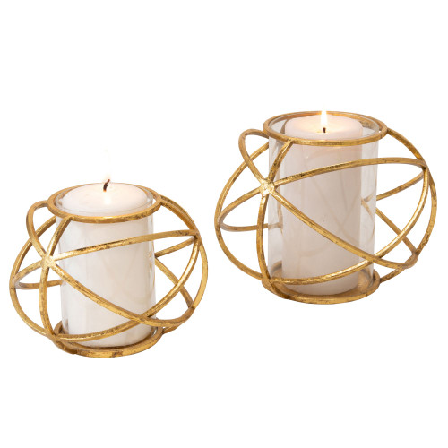 Set of 2 Gold Distressed Finish Glass Orb Candle Holders 8" - IMAGE 1