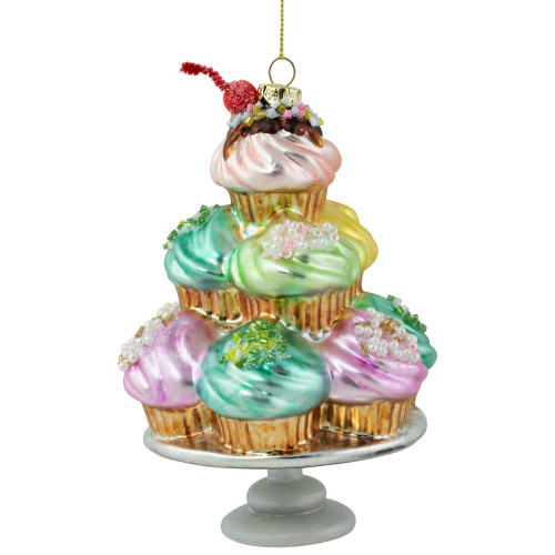 6" Pink and Blue Cupcake Tower Glass Christmas Ornament - IMAGE 1