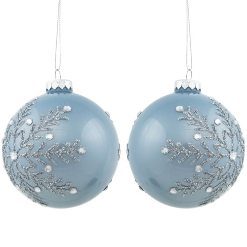 Jeweled Glitter Snowflakes Christmas Glass Ball Ornaments - 4" - French Blue - Set of 2 - IMAGE 1