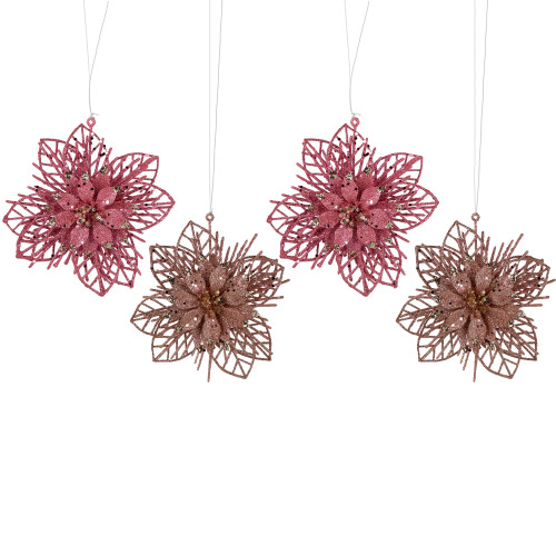 Pack of 4 Glittered Pink Poinsettia Christmas Ornaments 6" - IMAGE 1