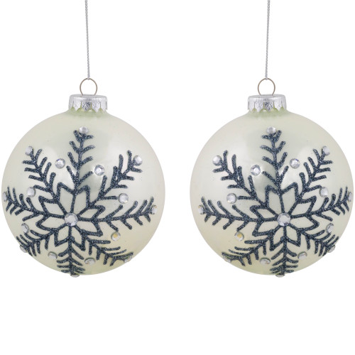 Glittered Snowflake Shiny Christmas Glass Ball Ornaments - 4" - White - Set of 2 - IMAGE 1