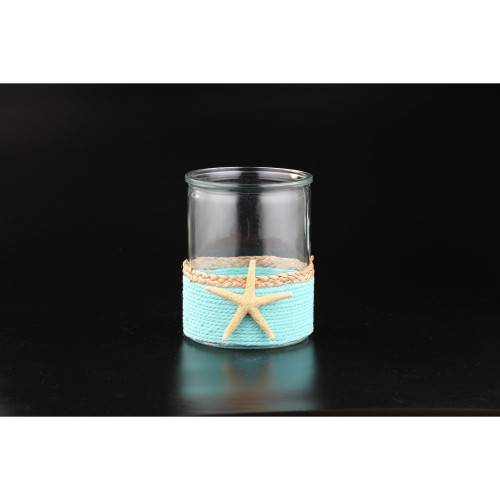 Cylindrical Starfish with Rope Design  Flower Vase - 7" - Blue - IMAGE 1