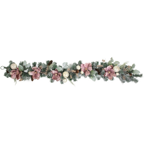 6' Pink Floral and Ball Ornament Frosted Pine Artificial Christmas Garland - IMAGE 1