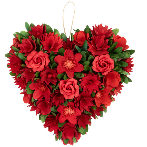 Mixed Floral with Wooden Flowers Artificial Valentine's Day Heart Wreath - 12.25" - IMAGE 1