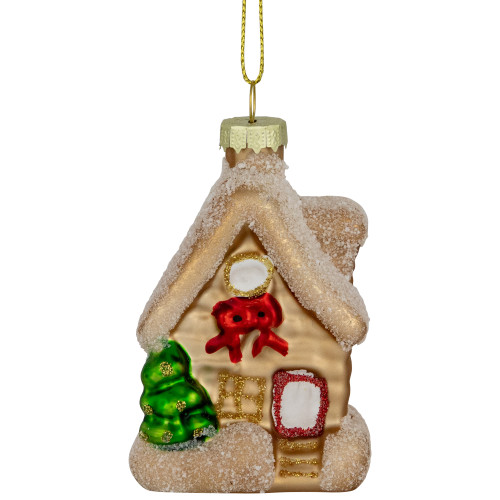 Snowy Country Cabin Glass Christmas Hanging Ornament - 3.25" - Gold Finish - IMAGE 1