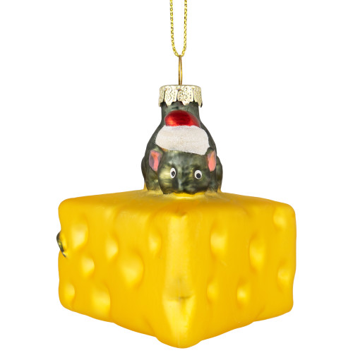 3.25" Mouse with Cheese Glass Christmas Ornament - IMAGE 1