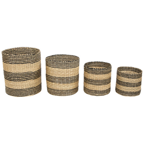 Set of 4 Beige and Black Striped Woven Round Seagrass Baskets 12" - IMAGE 1