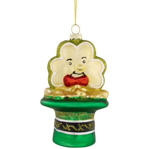 4.75" Shamrock and Leprechaun Hat Glass Christmas Ornament - IMAGE 1
