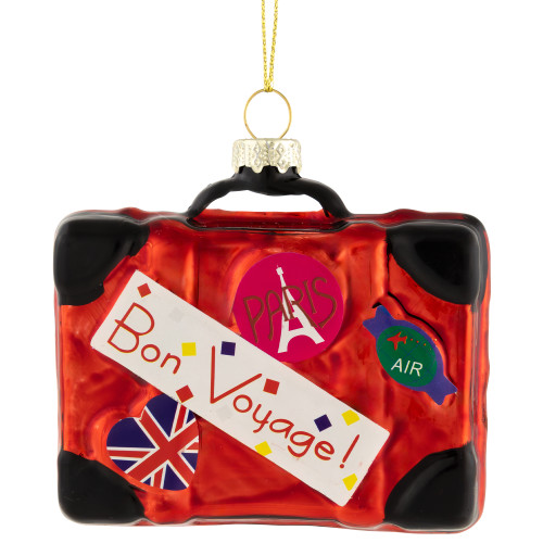 3.25" Shiny Red Bon Voyage Travel Suitcase Glass Christmas Hanging Ornament - IMAGE 1