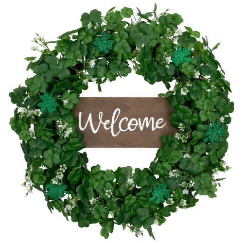 Shamrock Welcome St. Patrick's Day Twig Wreath - 20" - Unlit - IMAGE 1