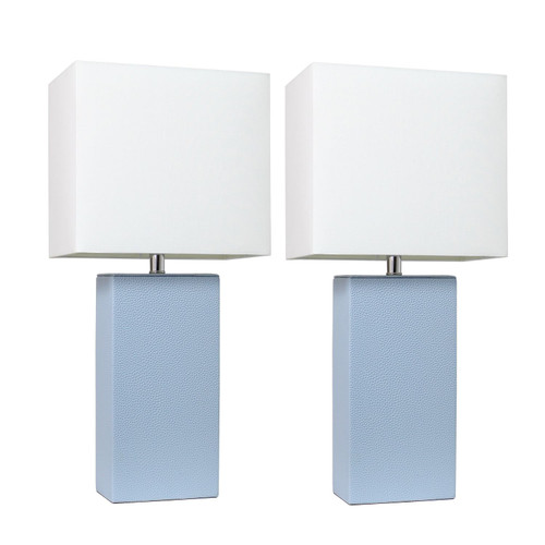 Leather Table Lamps with Square Shades - 21" - White and Blue - Set of 2 - IMAGE 1