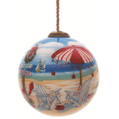 Seas and Greetings Beach Signs Hand Painted Glass Ball Christmas Ornament - 3” - IMAGE 1