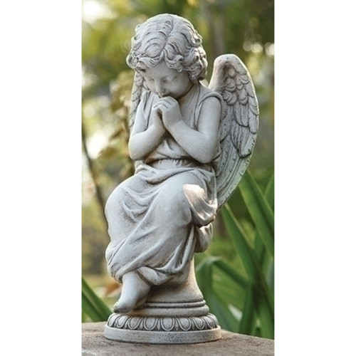 17" Seated Angel on Pedestal Outdoor Garden Statue - IMAGE 1