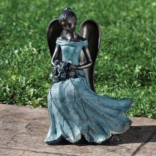 15.25" Sitting Angel with Flower Outdoor Garden Statue - IMAGE 1