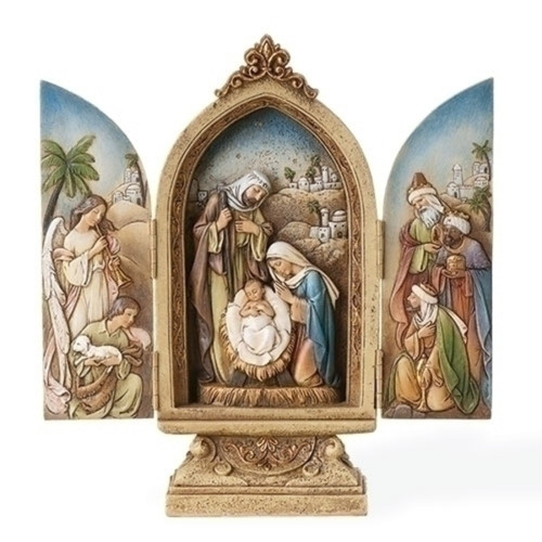 Triptych with Holy Family Christmas Tabletop Figurine - 9" - Gold and Blue - IMAGE 1