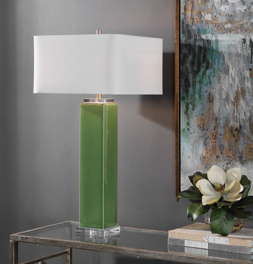Tropical Glaze Ceramic Table Lamp with White Square Shade - 32" - Green - IMAGE 1