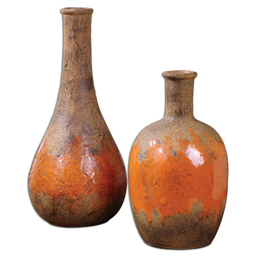 Set of 2 Tibetan Inspired Rustic Brown and Orange Ceramic Flower Vases 12" - IMAGE 1