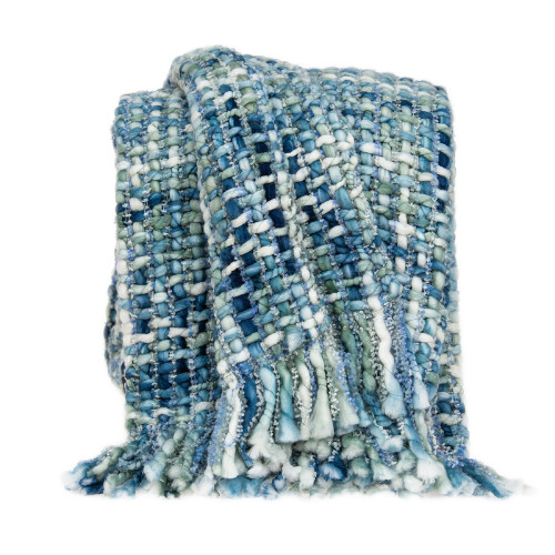 Blue and White Handloomed Woven Rope Throw Blanket 52" x 67" - IMAGE 1