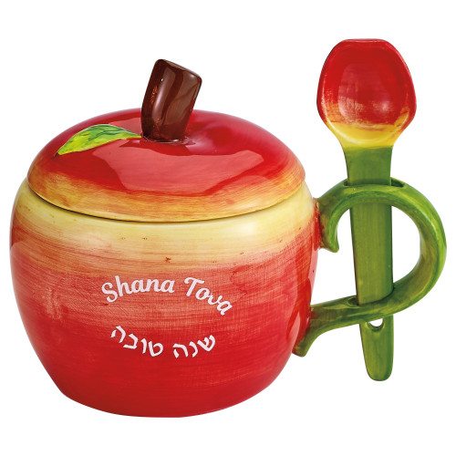 Ceramic Rosh Hashanah Apple Honey Pot with Spoon - 4.75" - 2 Piece - IMAGE 1
