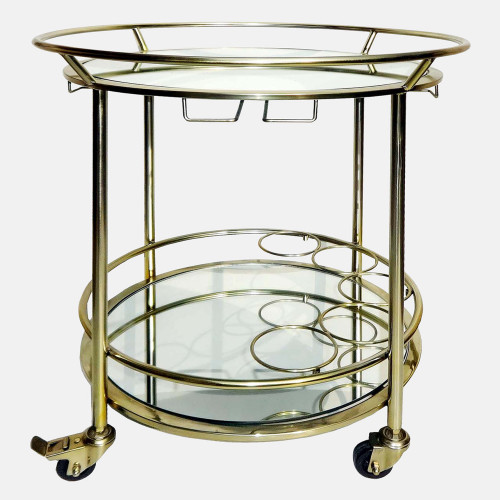 Two Tier Round Glass Top Rolling Bar Cart - 27" - Gold - IMAGE 1