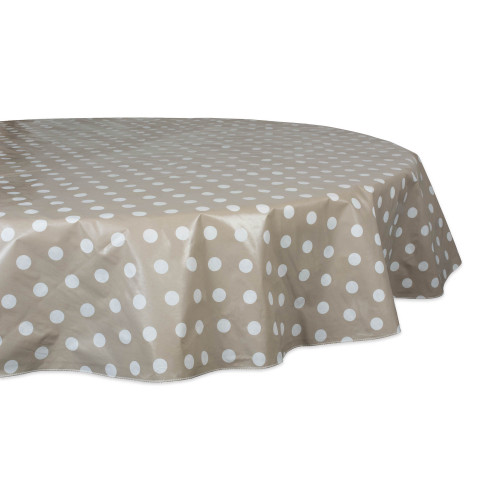 Polka Dotted Round Reusable Vinyl Tablecloth - 70" - Beige and White - IMAGE 1