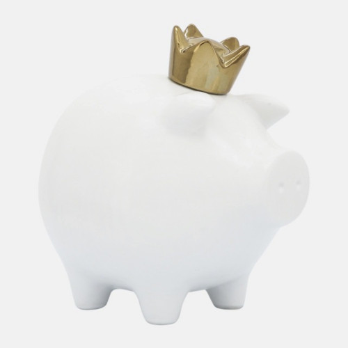 Ceramic Pig with Crown Tabletop Figurine - 9" - White and Gold - IMAGE 1