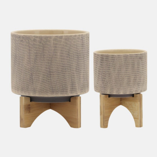 Mesh Ceramic Planters with Wooden Stand - 10.75" - Gray and Beige - Set of 2 - IMAGE 1
