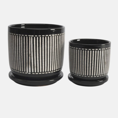 Ceramic Vertical Lines Planters with Saucers - 6" - Black and White - Set of 2 - IMAGE 1