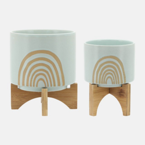 Arch Ceramic Planters with Stand - 10.5" - White and Brown - Set of 2 - IMAGE 1