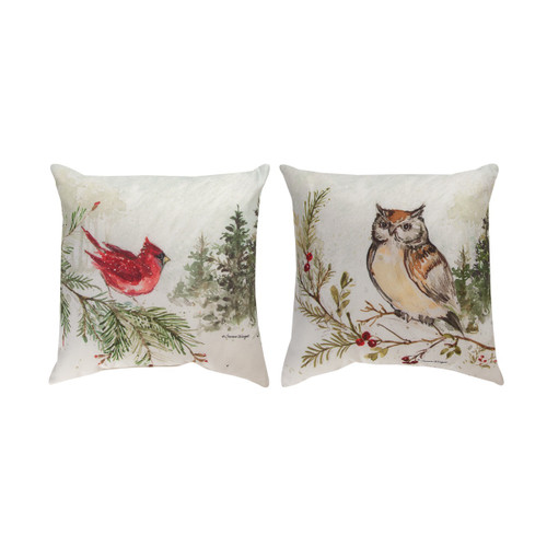 18" Snowy Forest Owl and Cardinal Bird Design Square Polyester Pillow - IMAGE 1