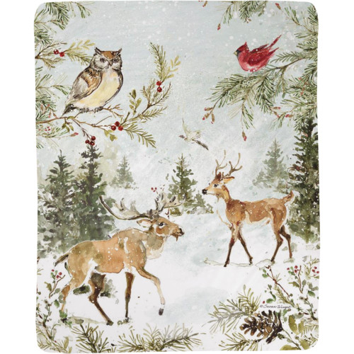 Snowy Forest Themed Birds and Reindeer Art Style Polyester Throw Blanket 50” x 60” - IMAGE 1