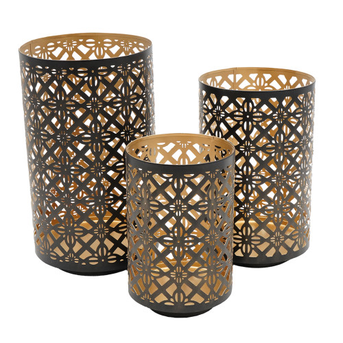 Morrocan Pierced Candle Lanterns - 12.25" - Black and Gold - Set of 3 - IMAGE 1