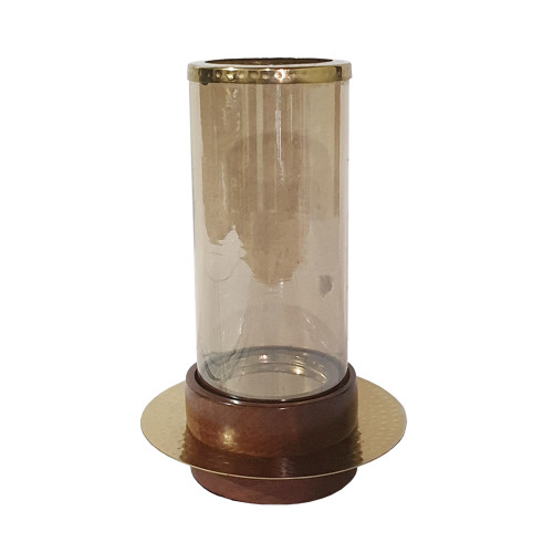 Small Glass Hurricane Candle Holder with Acacia Base - 11" - IMAGE 1