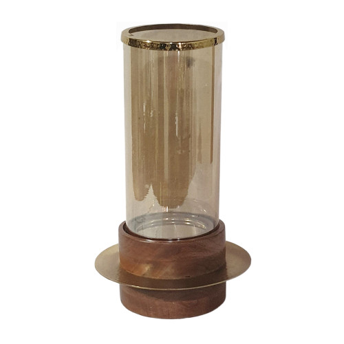 Large Hurricane Glass Candle Holder with Acacia Base - 13.5" - IMAGE 1
