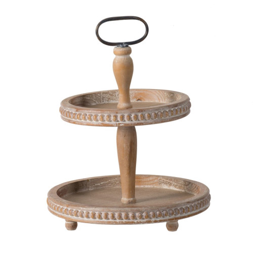 2-Tiered Wooden Tray with Handle and Beaded Trim - 17" - IMAGE 1