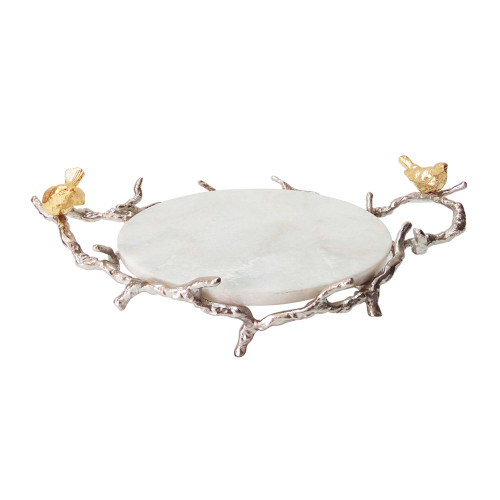 Round Marble Tray with Branch and Bird Handle - 17" - IMAGE 1