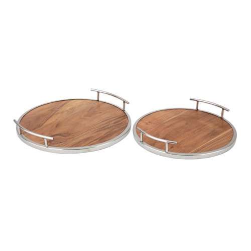 Round Wooden Top Tray with Handle- 15.75" - Set of 2 - IMAGE 1