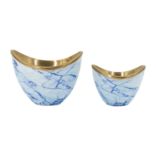 Boat-Shaped Marble-Style Aluminum Bowl - 8.5" - Blue and Gold - Set of 2 - IMAGE 1